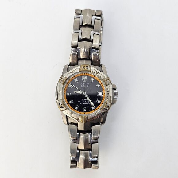 VTG Pulsar Watch Women 32MM Black Dial Date Titanium Bracelet Band 5.5\